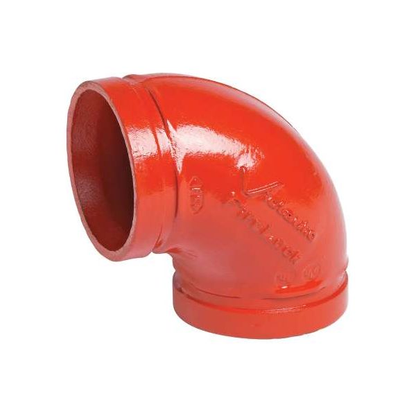 Codo Victaulic Ranurado FireLock de 1 1/2” y 90°, diseñado para sistemas contra incendios, con certificación UL/FM y fabricación en hierro dúctil.